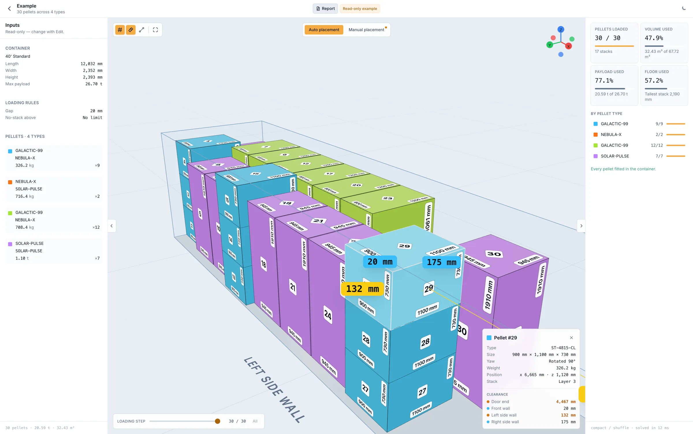 The Cargo Loading planner: a 40 ft container drawn in 3D with 30 numbered, colour-coded pellets, input panel on the left and utilisation stats on the right.