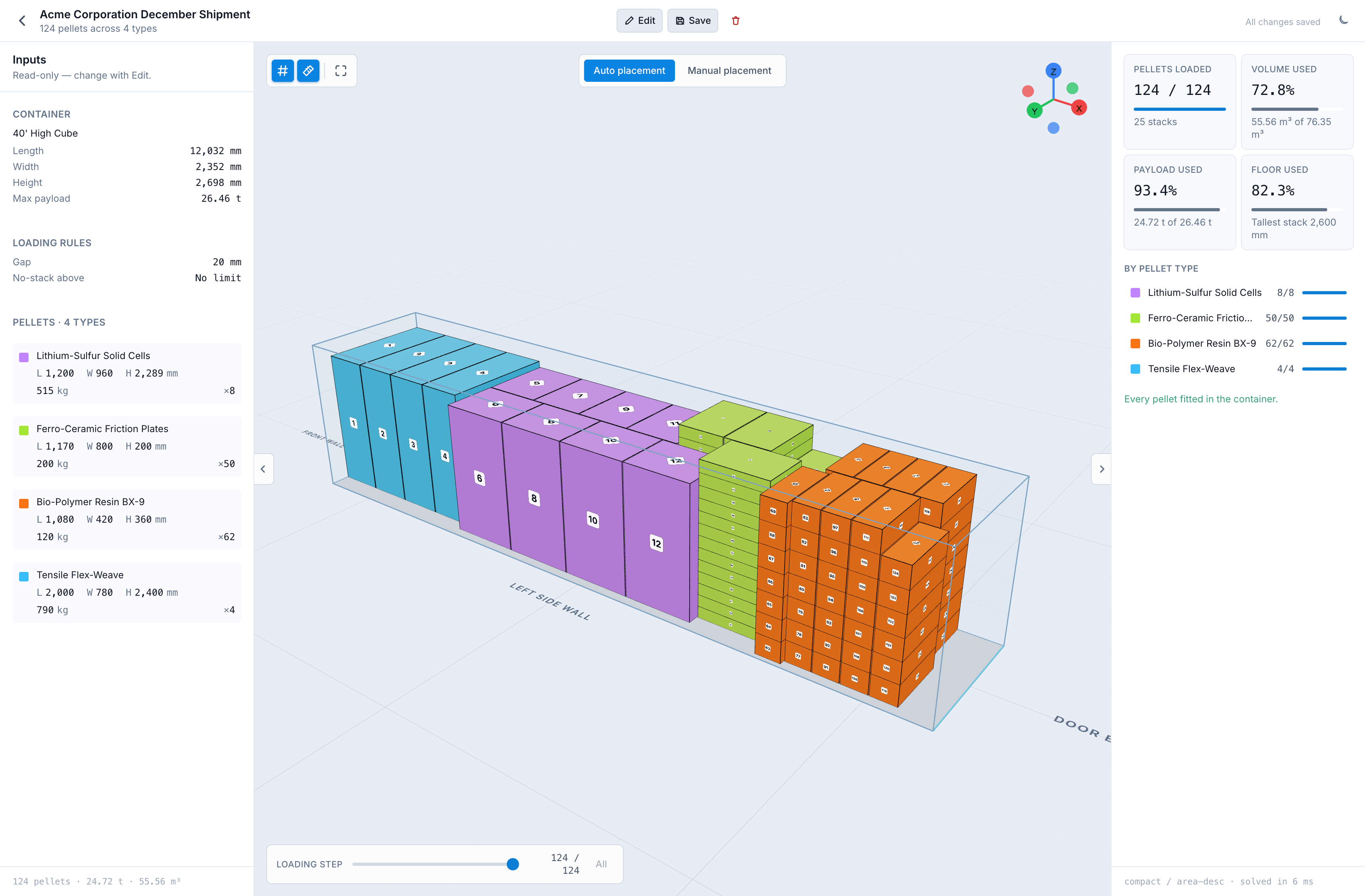 The Cargo Loading planner showing a 40 ft container filled with several types of pellets, each type in its own colour, viewed in 3D.