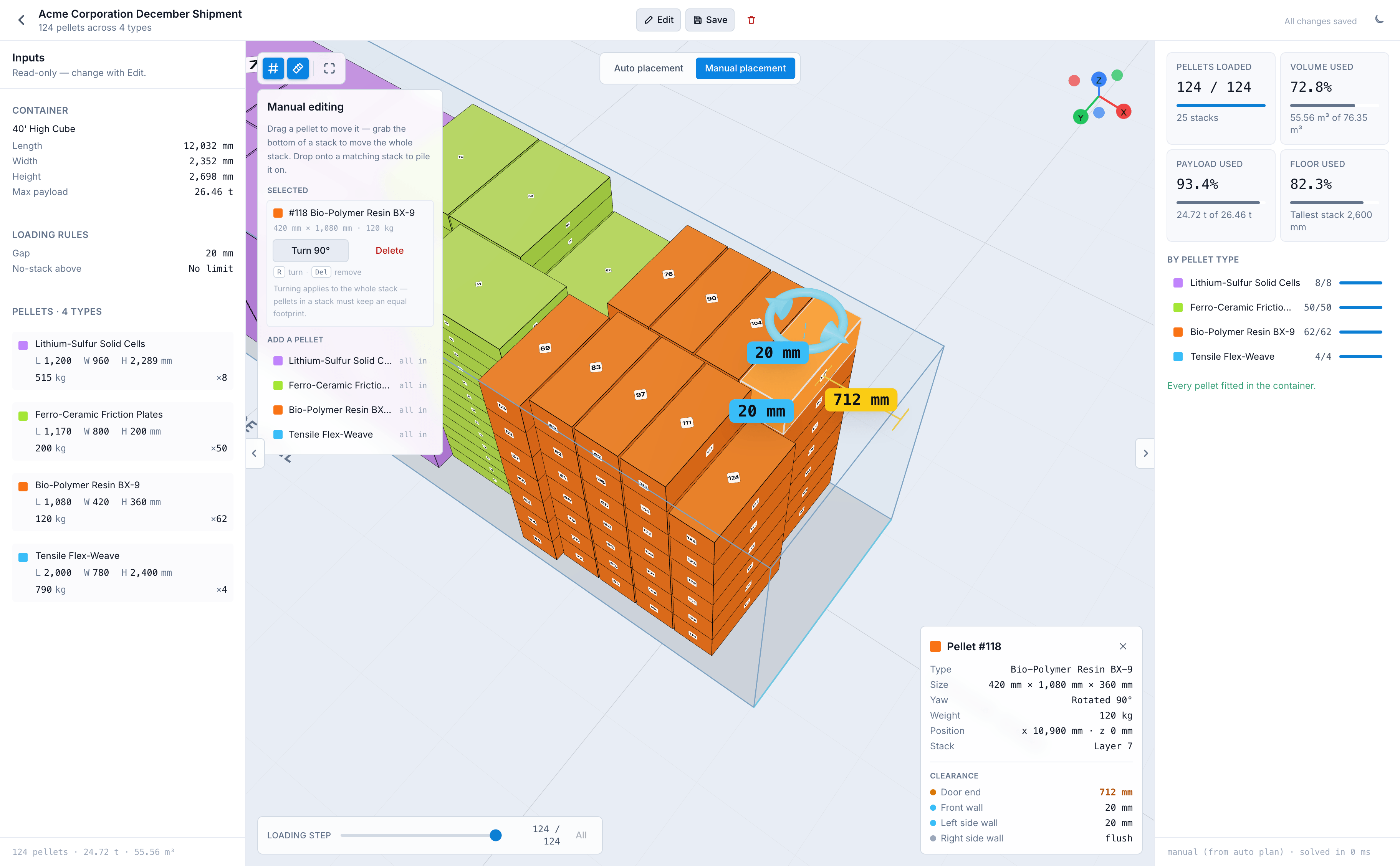 The Cargo Loading planner in manual placement, with a pellet selected and its clearance to the container wall shown.